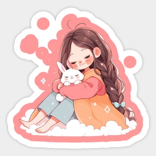 girl hugging a rabbit Sticker